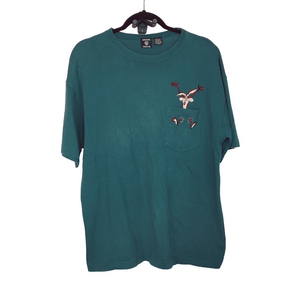 Vintage 1996 Warner Bros. Embroidered Wyle E. Coyote 100% Cotton T-Shirt Size LG